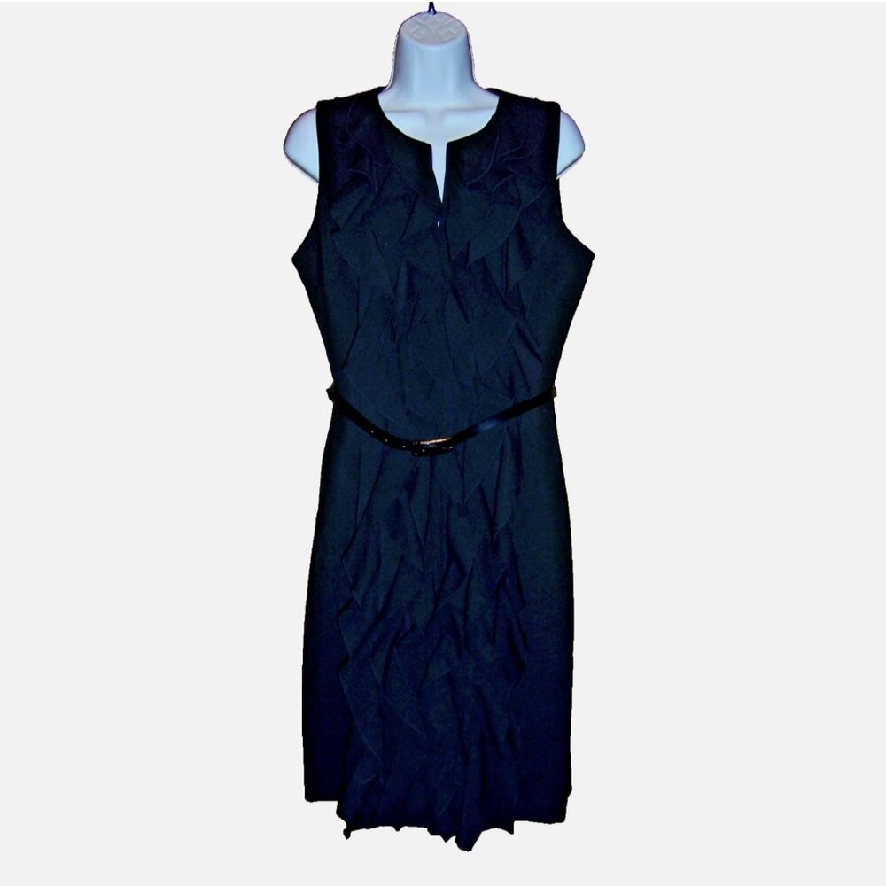 Calvin Klein Sleeveless Ruffled Front Black Dress with Belt Size 12 NWT